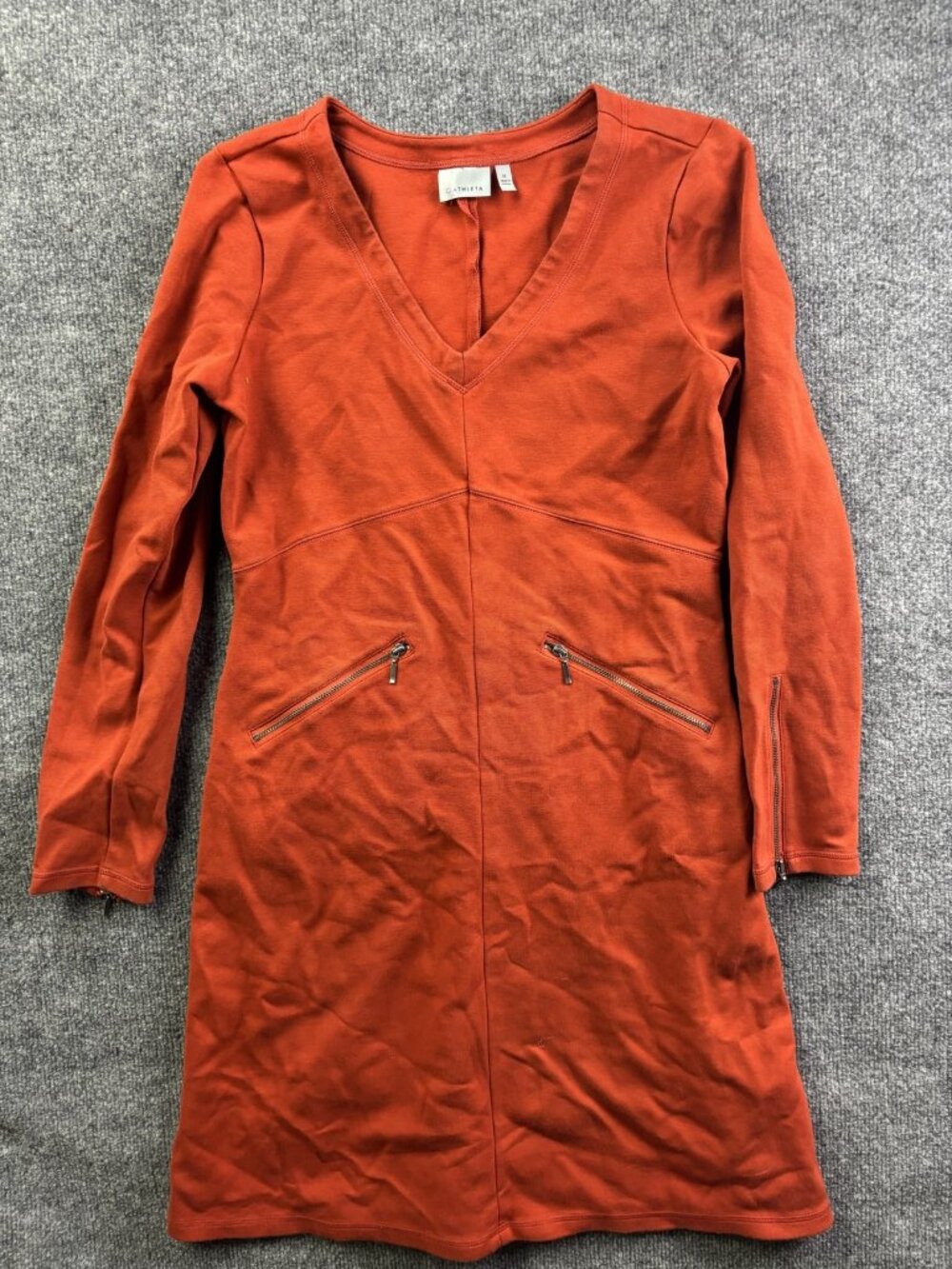 Athleta Sweater Dress Womens Medium Orange V Neck Long Sleeve Zip Pockets Casual